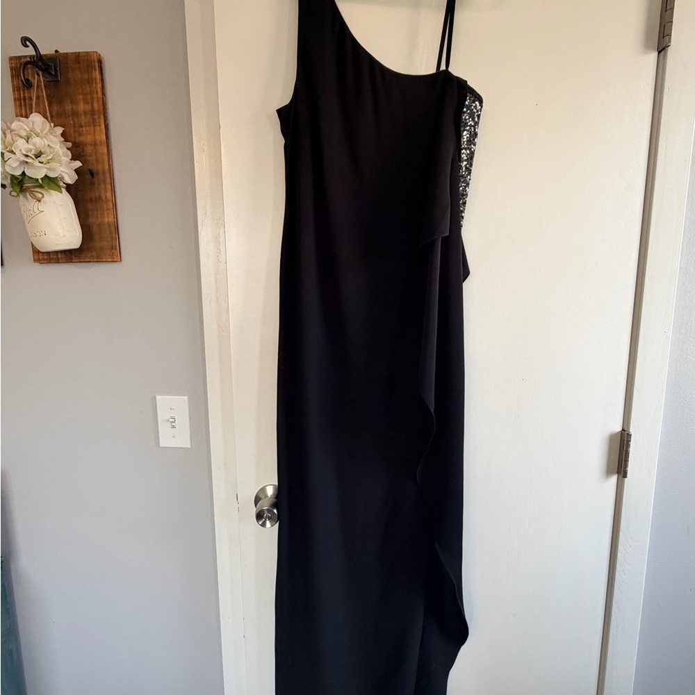 BCBGMaxAzria Black One-Shoulder Evening Gown with Sequin Accent